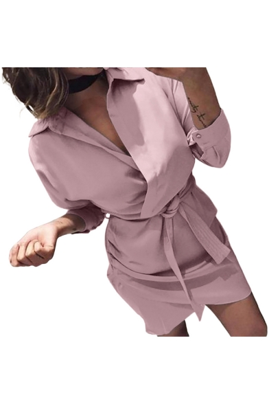 Womens Plain V Neck Button Detail Long Sleeve Bow Tie Asymmetric Mini Shirt Dress