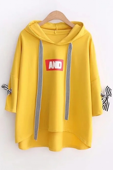 AND Letter Striped Bow Tie Patched Long Sleeve Drawstring Asymmetric Hem Hoodie