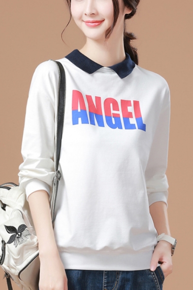 ANGEL Letter Lapel Long Sleeve Pullover White Sweatshirt