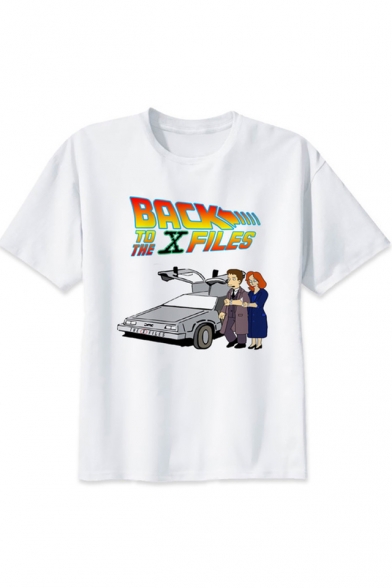 BACK TO THE X FILES Letter Cartoon Couple Car Printed White Round Neck Short Sleeve Tee