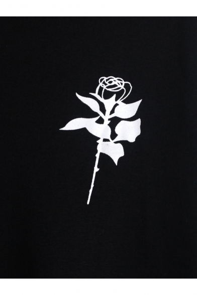 Basic Simple Floral Letter Print Long Sleeve Black Cropped Hoodie