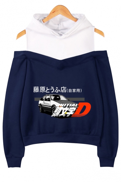 Car Letter Fujiwara Tofu Shop Graphic Print Cold Shoulder Casual Loose Pullover Hoodie