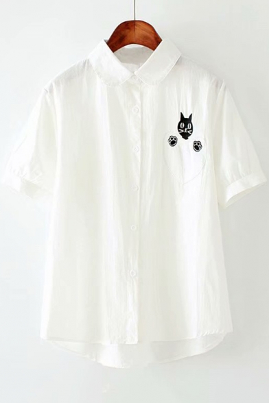 Cartoon Cat Embroidery Short Sleeve Casual Loose Striped Shirt