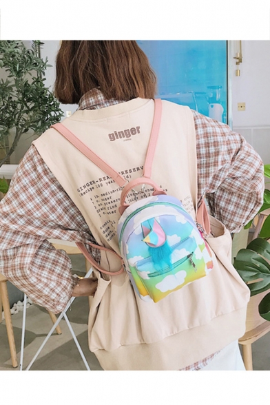 Cartoon Unicorn Shape Colorblock Cloud Print Mini School Bag Backpack for Girls 20*17*9 CM