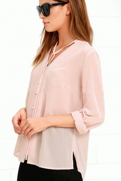 Chic Pink Tied V-Neck Long Sleeve Solid Color Casual Button Down Chiffon Blouse Top