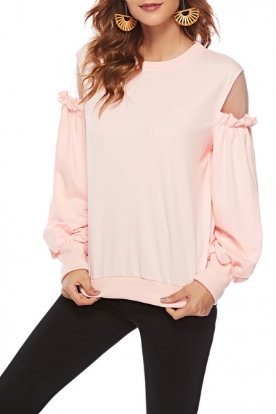 

Chic Sheer Mesh Panel Ruffled Long Sleeve Round Neck Plain Casual Pink Sweatshirt, LM537650