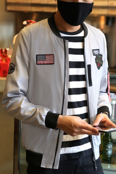 Classic Flag Badge Patched Stand Collar Long Sleeve Zip Closure Fitted Flight Bomber Jacket