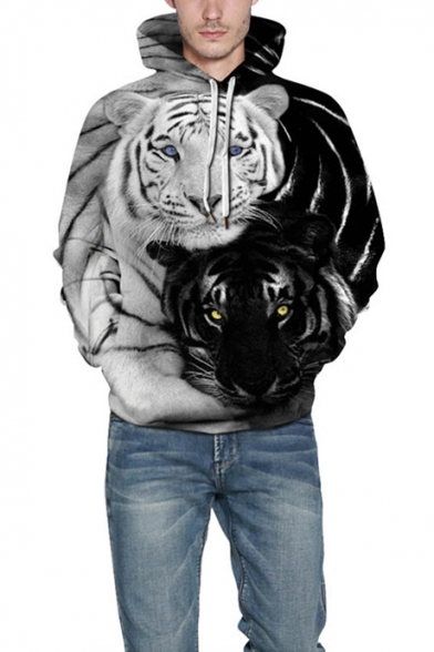 Cool Tiger 3D Print Black and White Colorblock Long Sleeve Loose Fit Unisex Hoodie with Pocket