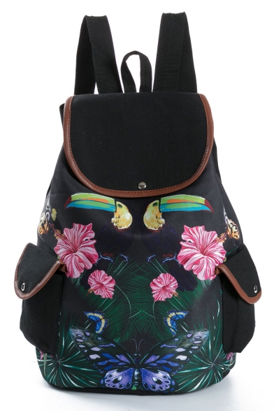 Designer Unique Floral Butterfly Printed Black School Backpack with Side Pockets 28*11*39 CM