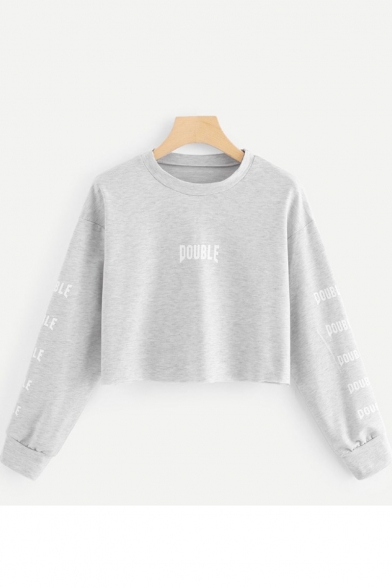 DOUBLE Letter Round Neck Long Sleeve Cropped Sweatshirt