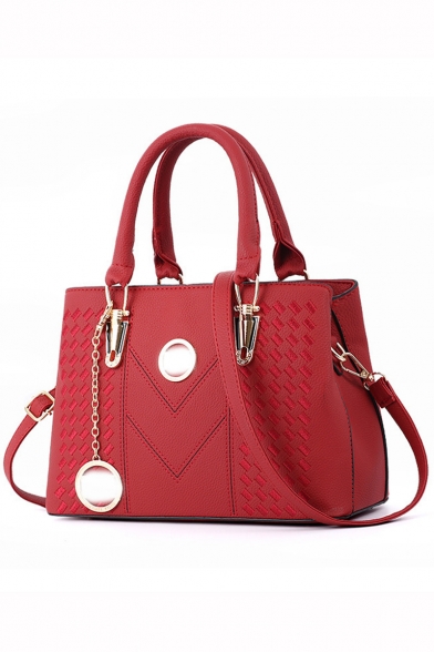 Elegant Solid Color Hardware Decoration PU Shoulder Handbag for Women 30*13*20 CM