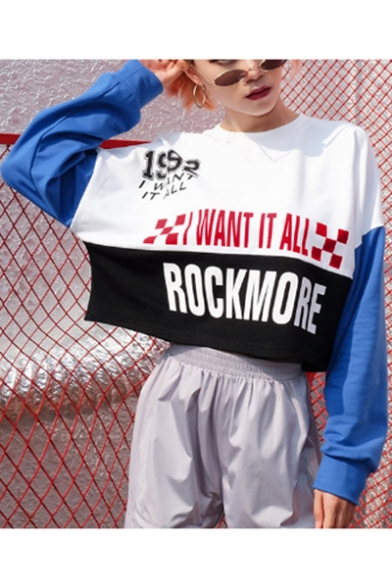 Fancy Color Block I WANT IT ALL ROCKMORE Letter Printed Patched Long Sleeve Pullover Sweatshirt