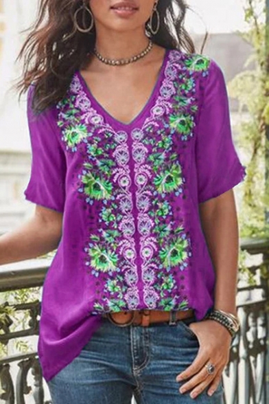 Fancy Ethnic Style Floral Print V-Neck Short Sleeve Loose Casual T-Shirt