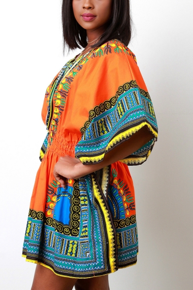Fashion Ethnic Style Tribal Printed V-Neck Yellow Mini A-Line Dress