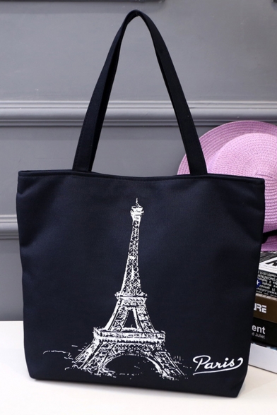 Fashion Letter Paris Eiffel Tower Printed Black Canvas School Shoulder Bag 33*8*40 CM