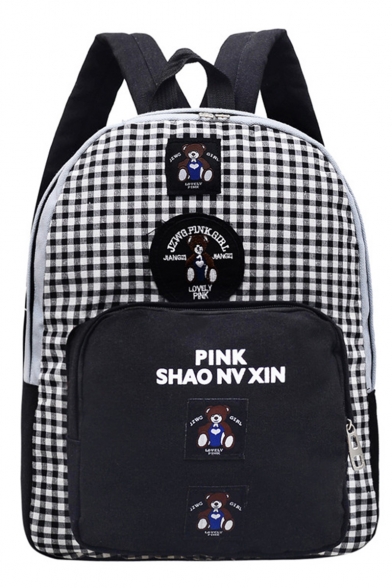 Fashion Plaid Letter Printed Graphic Patchwork Large Capacity Canvas School Backpack 28*11*36 CM