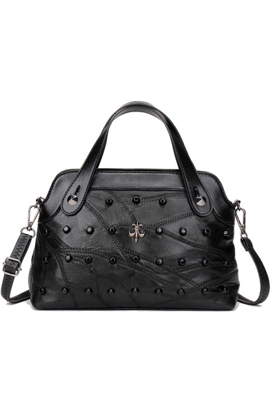 Fashion Plain Metal Rivet Embellishment Black Sheepskin Work Satchel Handbag 27*10*20 CM