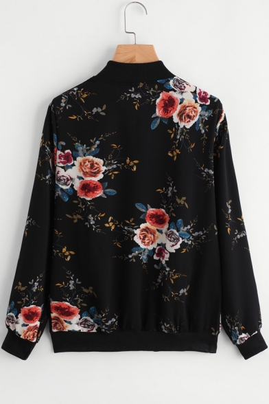 Fashion Stand Collar Long Sleeve Floral Pattern Zipper Front Casual Jacket