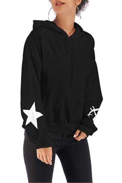 Fashion Star Printed Long Sleeve Loose Fit Pullover Drawstring Hoodie