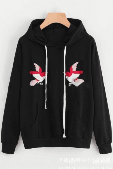 Fashion Two Birds Embroidered Drawstring Hood Long Sleeve Black Loose Fit Hoodie with Pocket