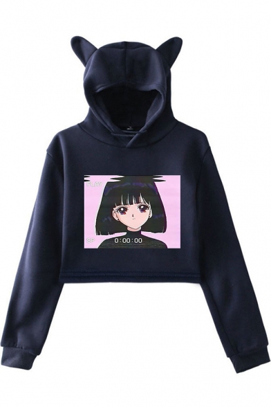 Fashion Vaporwave Comic Girl Printed Cute Cat Ear Cropped Casual Hoodie for Women