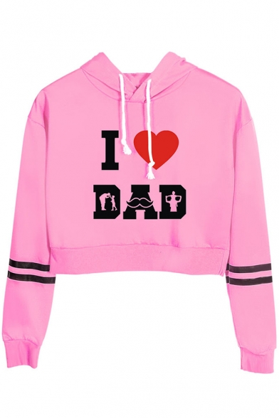 Father's Day Popular Heart Letter I LOVE DAD Print Stripe Long Sleeve Cropped Hoodie