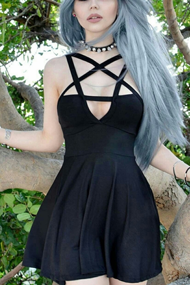 Girls Cool Punk Style Pentagram Hollow Out Sleeveless Mini A-Line Black Dress