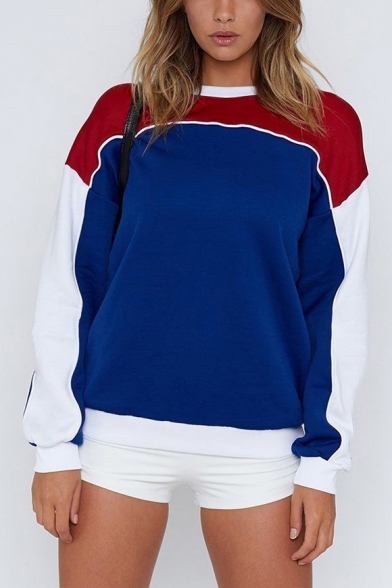 Girls New Fashion Colorblock Long Sleeve Round Neck Loose Casual Sport Blue Sweatshirt
