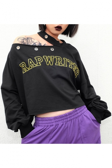 Girls Punk Style Cool Letter RAP WRITER Print Cold Shoulder Long Sleeve Black Casual Crop Sweatshirt