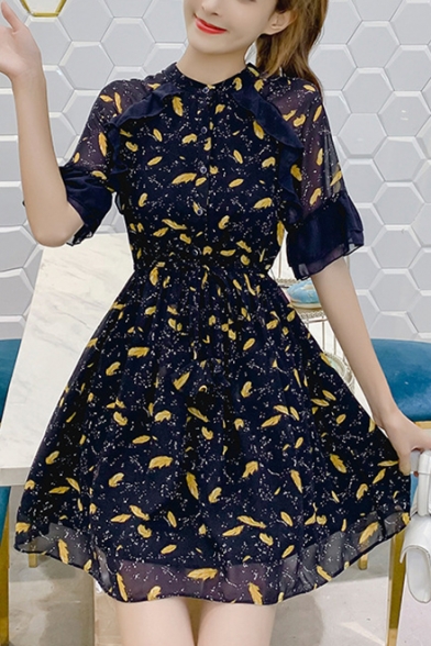Girls Summer Blue Allover Leaf Printed Short Sleeve Mini A-Line Chiffon Dress