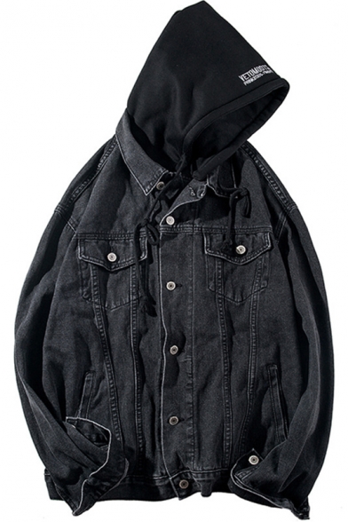 Guys Basic Simple Plain Patched Hooded Long Sleeve Button Closure Casual Loose Denim Coat Jacket