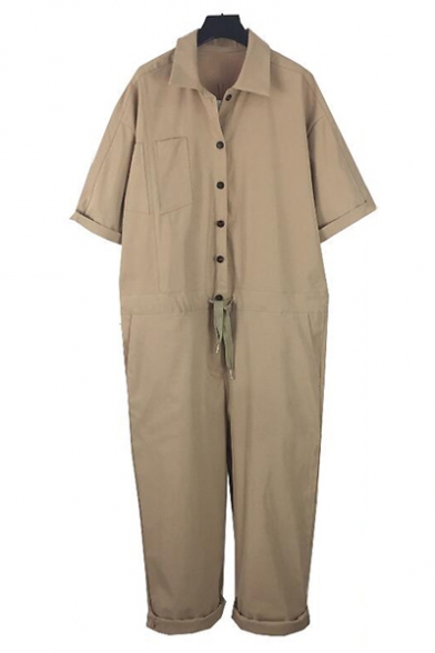 Guys Vintage Turn-Down Collar Short Sleeve Button Front Drawstring Waist Plain Casual Work Coveralls