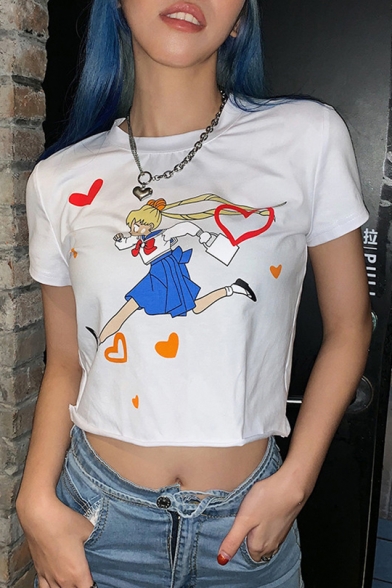 Heart Comic Character Printed Short Sleeve Round Neck Crop Tee