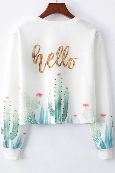 Hello Letter Cactus Printed Round Neck Long Sleeve White Cropped Sweatshirt