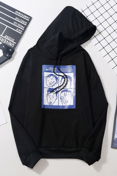 HIGHER BROTHERS Letter Comic Boy Face Printed Drawstring Long Sleeve Hoodie with Pocket