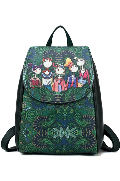 Hot Fashion Cartoon Girl Pattern Green PU Leather Tote Backpack for Girls 28*21*11 CM