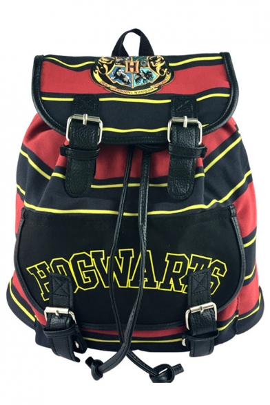 Hot Fashion Classic Stripe Pattern Belt Buckle Badge Patchwork Black and Red Drawstring School Bag Backpack 38*30*17 CM