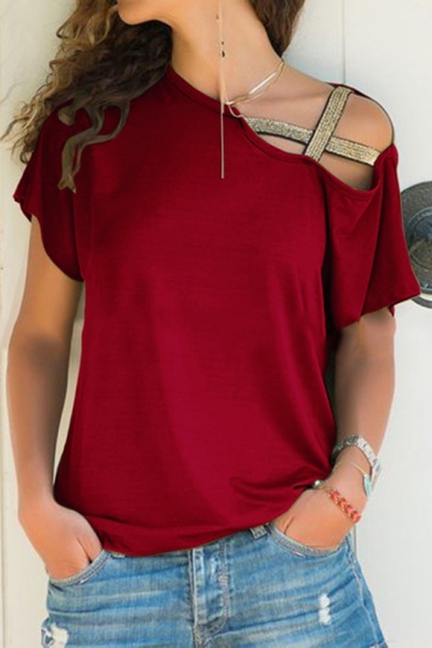 Hot Fashion Hollow Out Round Neck Short Sleeve Plain Casual Tee For Women