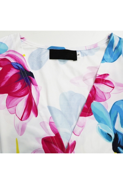 Hot Fashion V-Neck Short Sleeve Floral Printed Bow-Tied Waist Maxi Shift Dress