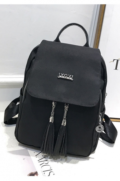 Letter Metal Tassel Zipper Embellished Black Waterproof Nylon Backpack for Girls 32*26*12 CM