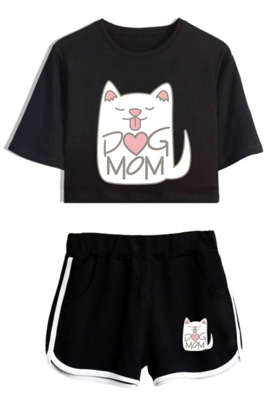 Lovely Cartoon Cat Letter DOG MOM Print Short Sleeve Crop Tee with Sport Dolphin Shorts Two-Piece Set