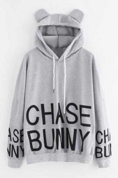 Lovely Rabbit Ear Hood CHASE BUNNY Letter Print Drawstring Hood Long Sleeve Gray Loose Fit Hoodie