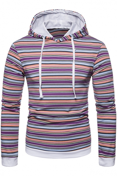 Men's New Trendy Stripe Printed Long Sleeve Drawstring Casual Hoodie For Men