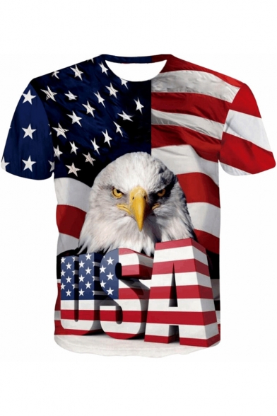Men's Stylish Short Sleeve Round Neck Letter USA 3D Eagle American Flag Print Casual Graphic Red T-Shirt