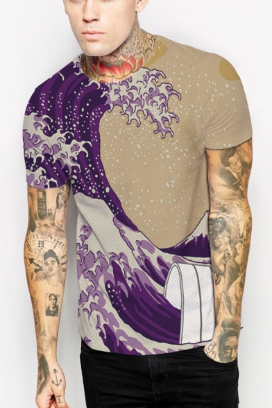 Men's Summer Hot Fashion Wave Print Short Sleeve Round Neck Purple Casual Unisex T-Shirt