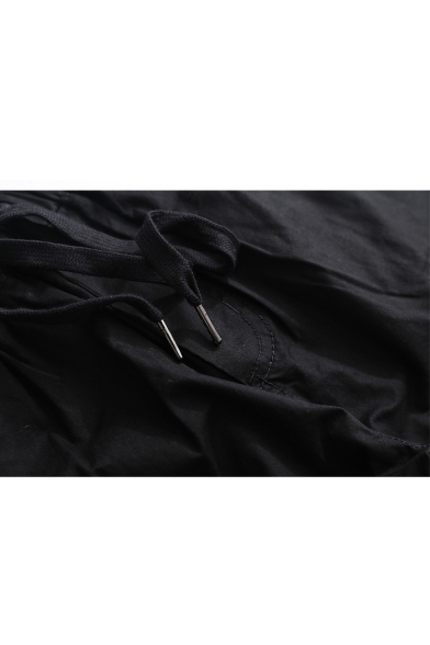 Men's Summer Trendy Simple Plain Drawstring Waist Black Loose Tapered Pants Trousers