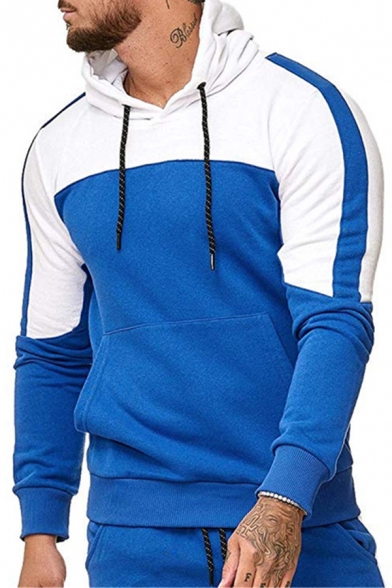 Mens Fashionable Colorblock Print Long Sleeve Pocket Detail Sport Casual Drawstring Hoodie