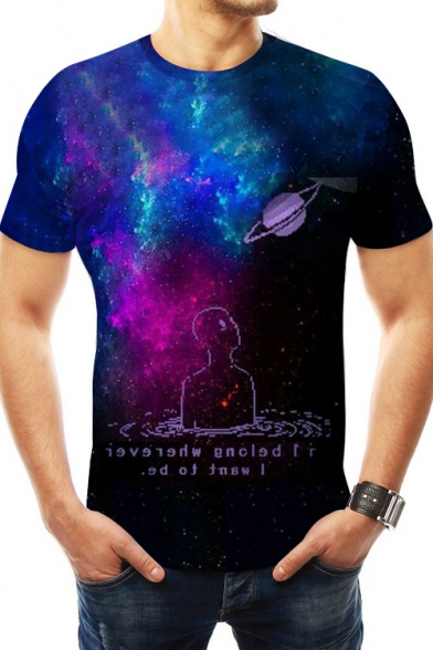 Mens Summer Cool Blue Galaxy Planet Alien Printed Short Sleeve T-Shirt