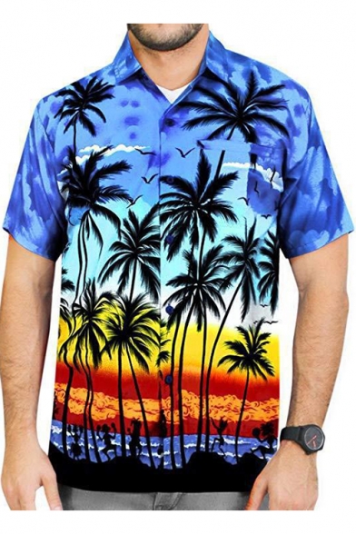 Mens Summer New Trendy Holiday Tropical Coconut Print Short Sleeve Beach Hawaiian Shirt