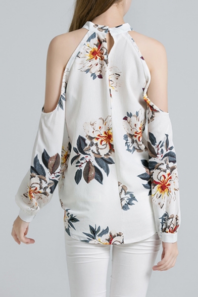 New Arrival White Halter Cold Shoulder Floral Print Cut Out Detail Asymmetric Hem Chiffon Blouse Top